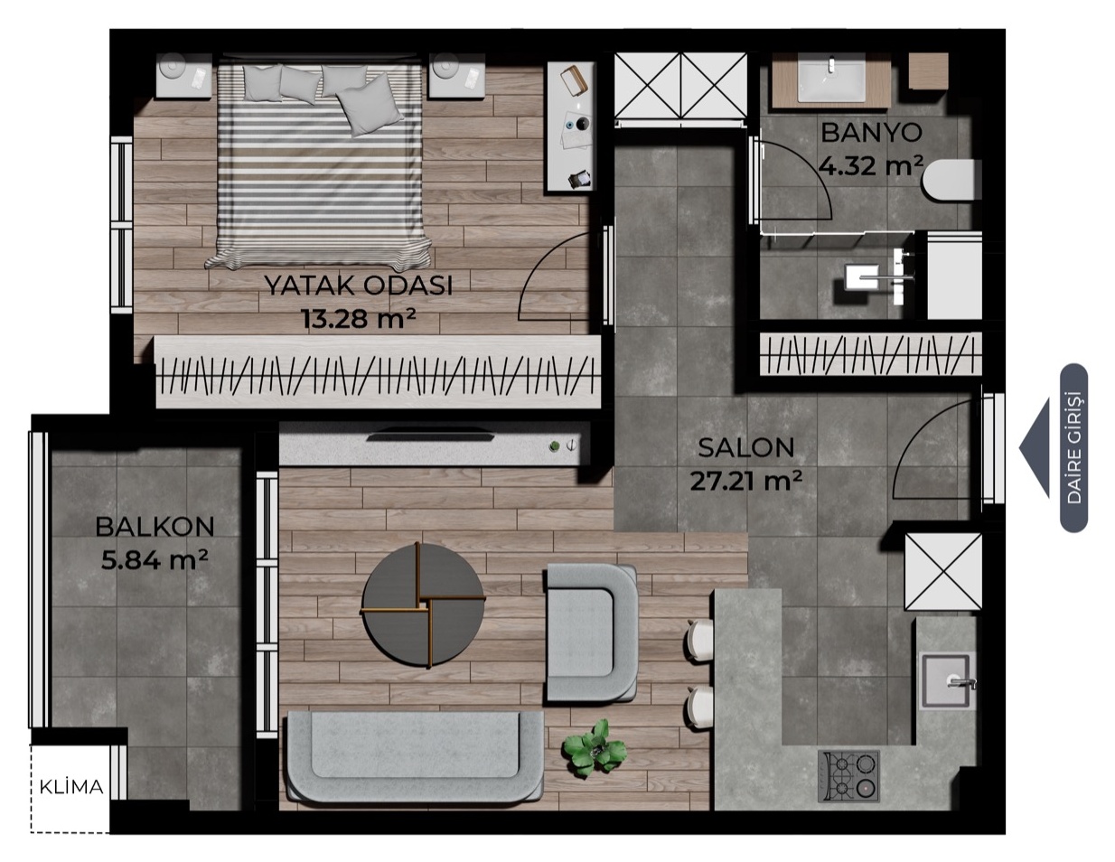 1+1 tip 2 A-B blok daire planı