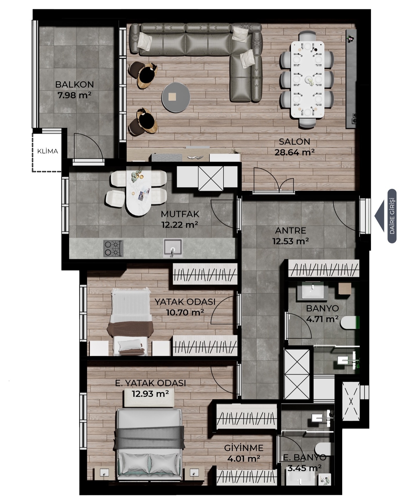 2+1 tip 2 C-D blok daire planı